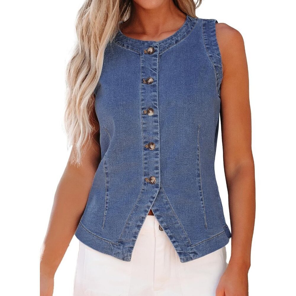 Women's Cold Blue Sleeveless Strechy Jean Vest Top Button Down Denim Vest